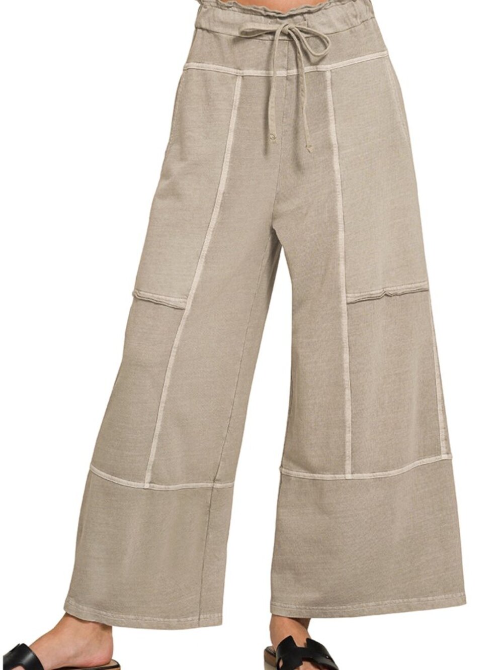 ZENANA Womens Ash Mocha  French terry washed exposed-seam wide leg pants NEW